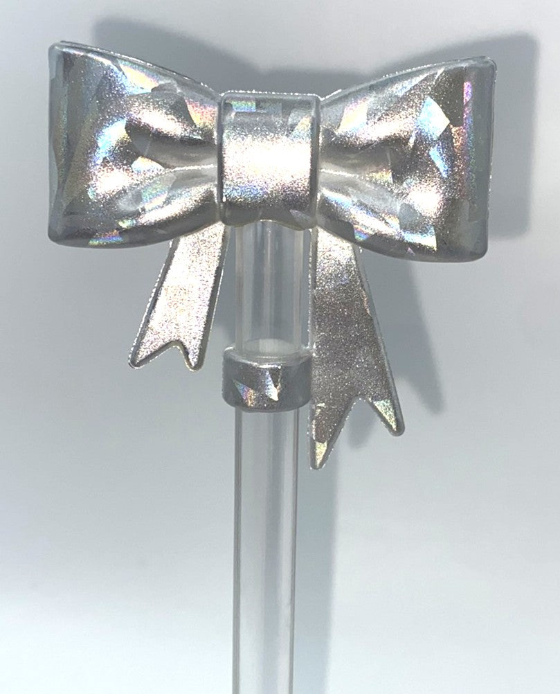 Holographic Silver Chrome Bow Straw Topper