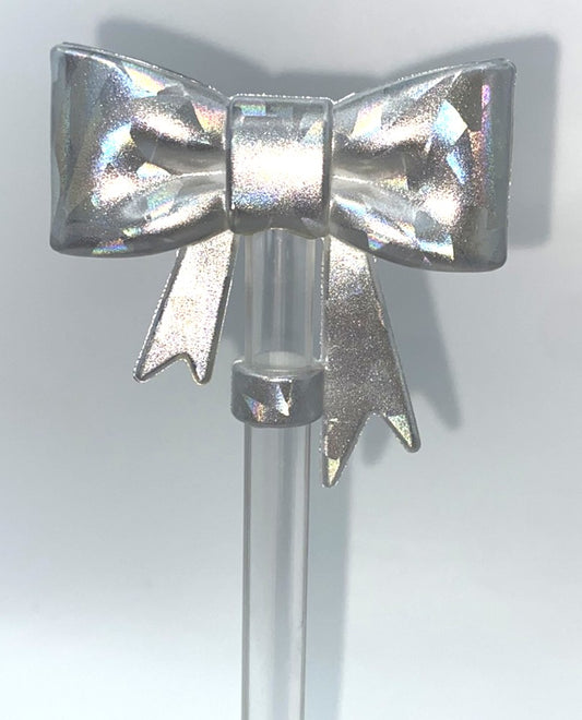 Holographic Silver Chrome Bow Straw Topper