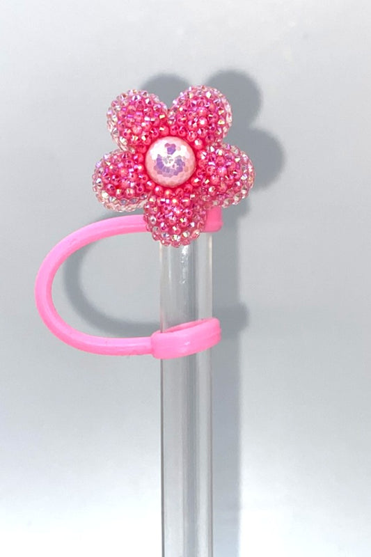 Bright Pink Glitter Daisy Flower Resin Straw Topper