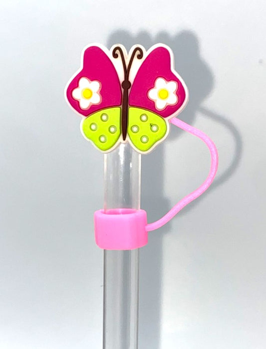 Hot Pink & Lime Green w/Flowers Butterfly Straw Topper