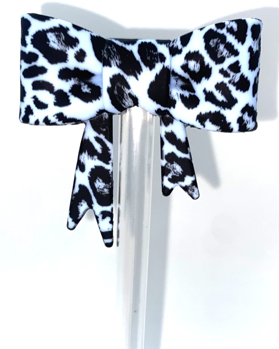 Icy Blue Leopard Print Bow Straw Topper
