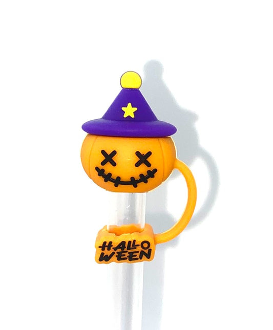 Jack O Lantern w/Purple Witch Hat 3D Halloween Straw Topper