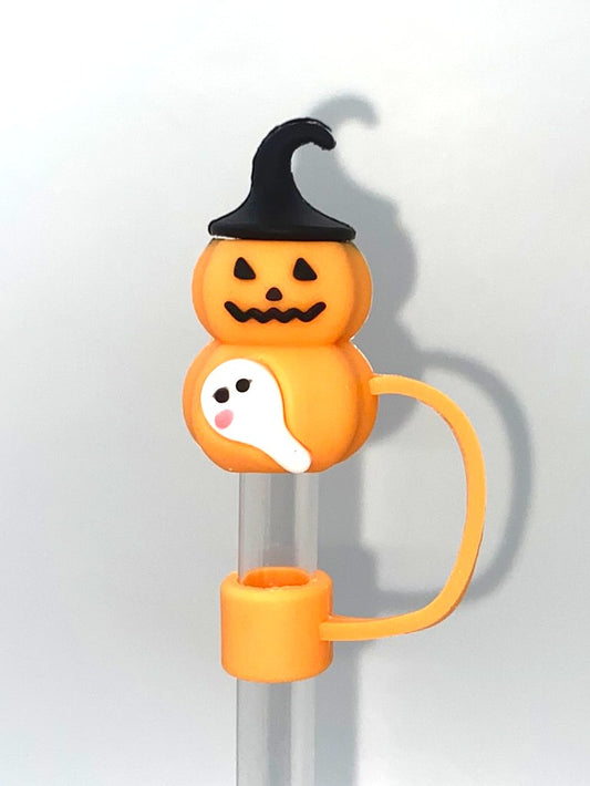 Jack O Lantern w/Black Witch Hat & Ghost 3D Halloween Straw Topper