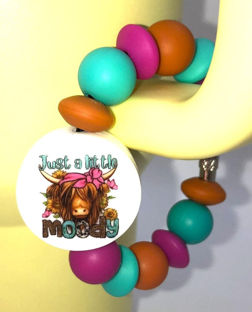 Just A Little Moody Highland Cow Printed Round Stanley Tumbler Cup Handle Charm