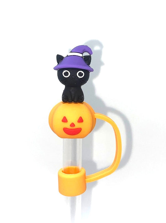 Black Cat w/Purple Witch Hat Sitting on Jack O Lantern 3D Halloween Straw Topper