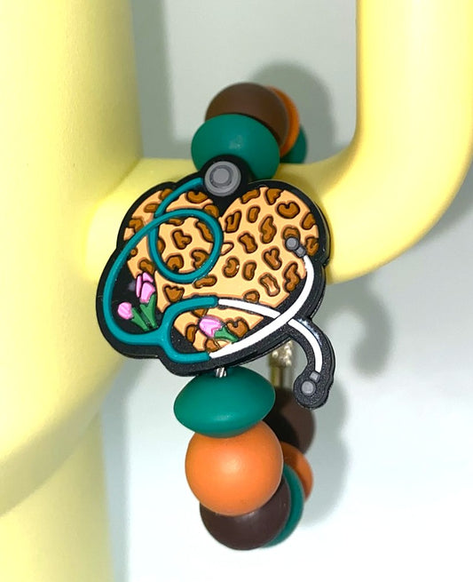 Leopard Print Heart & Stethoscope Nurse Medical Stanley Tumbler Cup Handle Charm