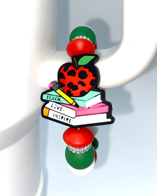 Red Leopard Print Apple On Books Stanley Tumbler Cup Handle Charm