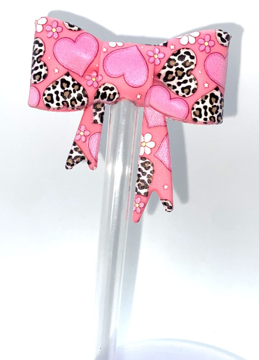 Leopard Print Hearts Bow Straw Topper