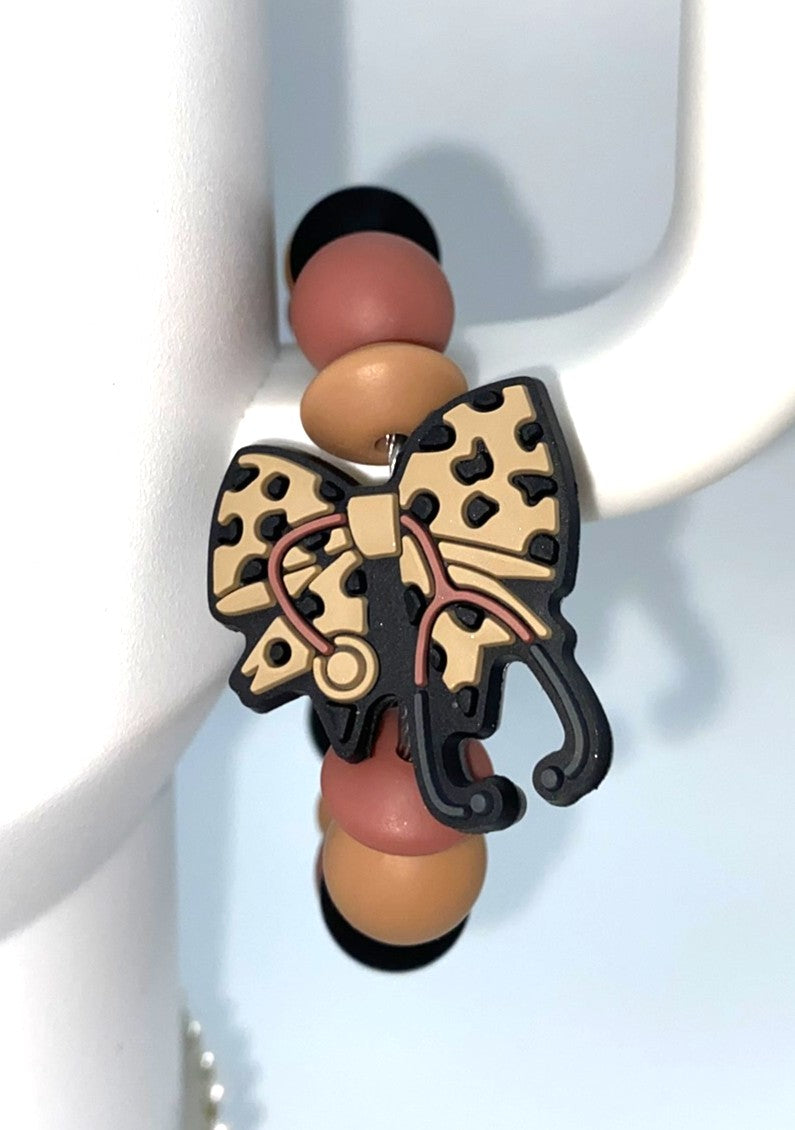 Medical Leopard Print Bow w/Stethoscope Nurse Stanley Tumbler Cup Handle Charm