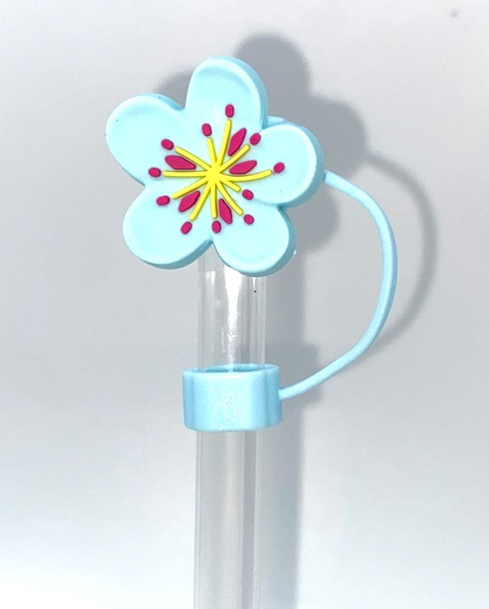Light Blue w/Yellow & Pink Plumeria Flower 3D Straw Topper