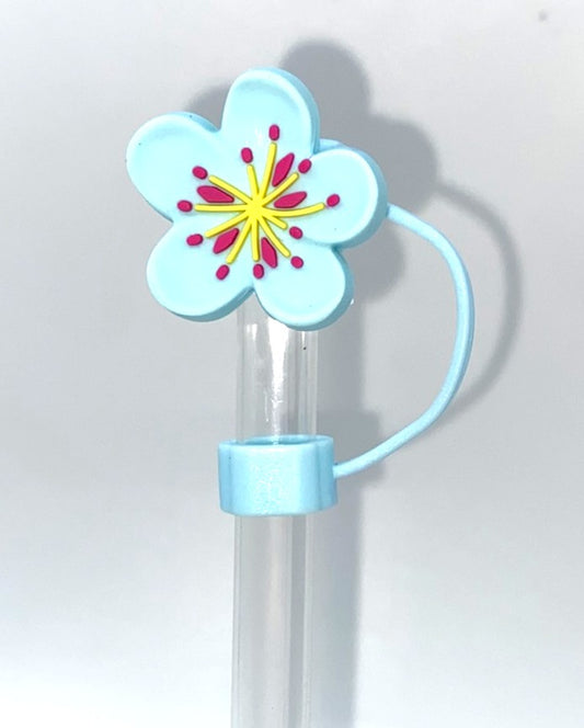 Light Blue w/Yellow & Pink Plumeria Flower 3D Straw Topper