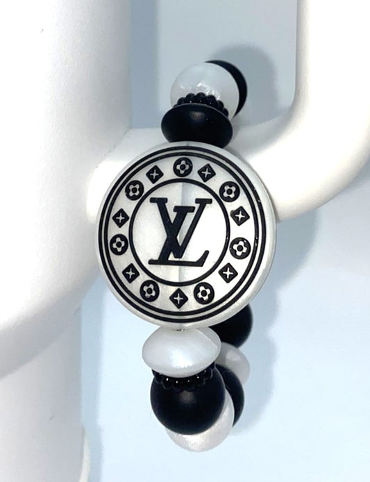 Round LV Designer Black & Pearl White Stanley Tumbler Cup Handle Charm