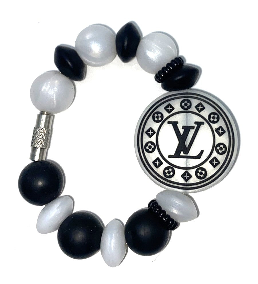 Round LV Designer Black & Pearl White Stanley Tumbler Cup Handle Charm