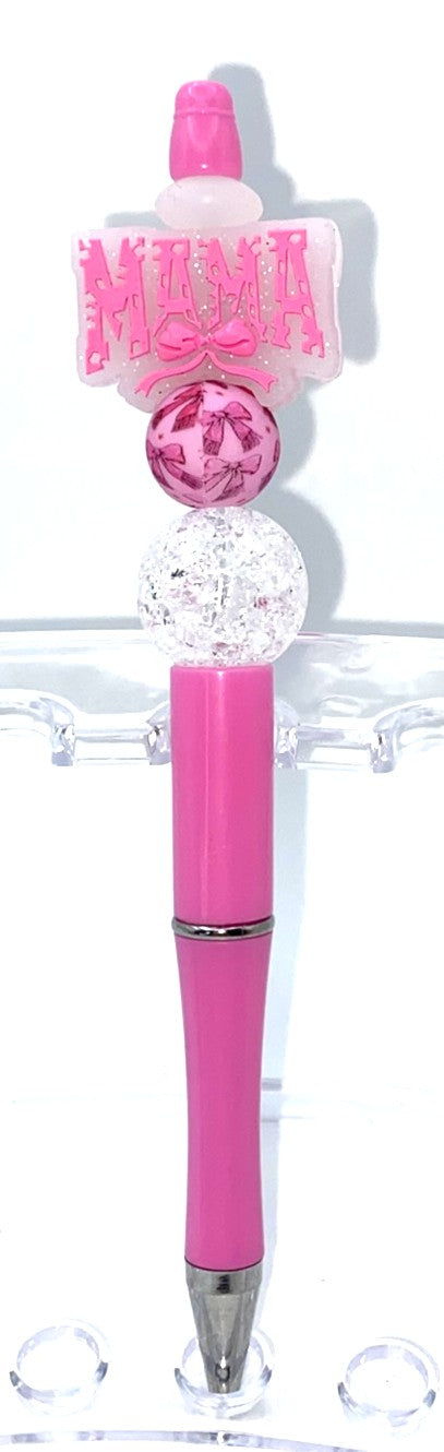 Mama Hot Pink Bow Glitter Beaded Pen