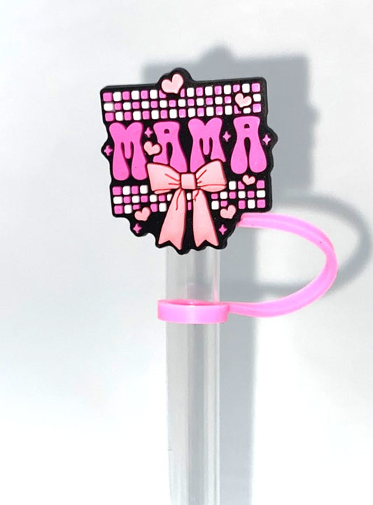 Mama Pink Bow Checkered Straw Topper
