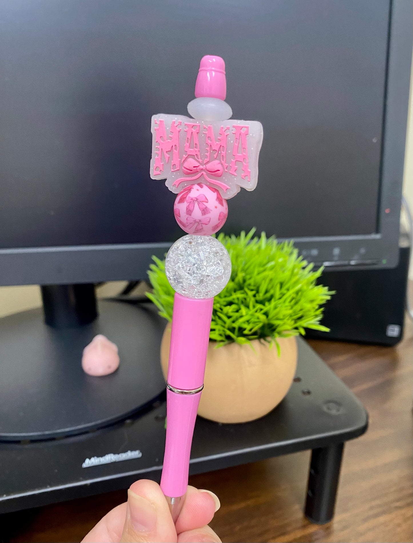 Mama Pink Bow Glitter Beaded Pen