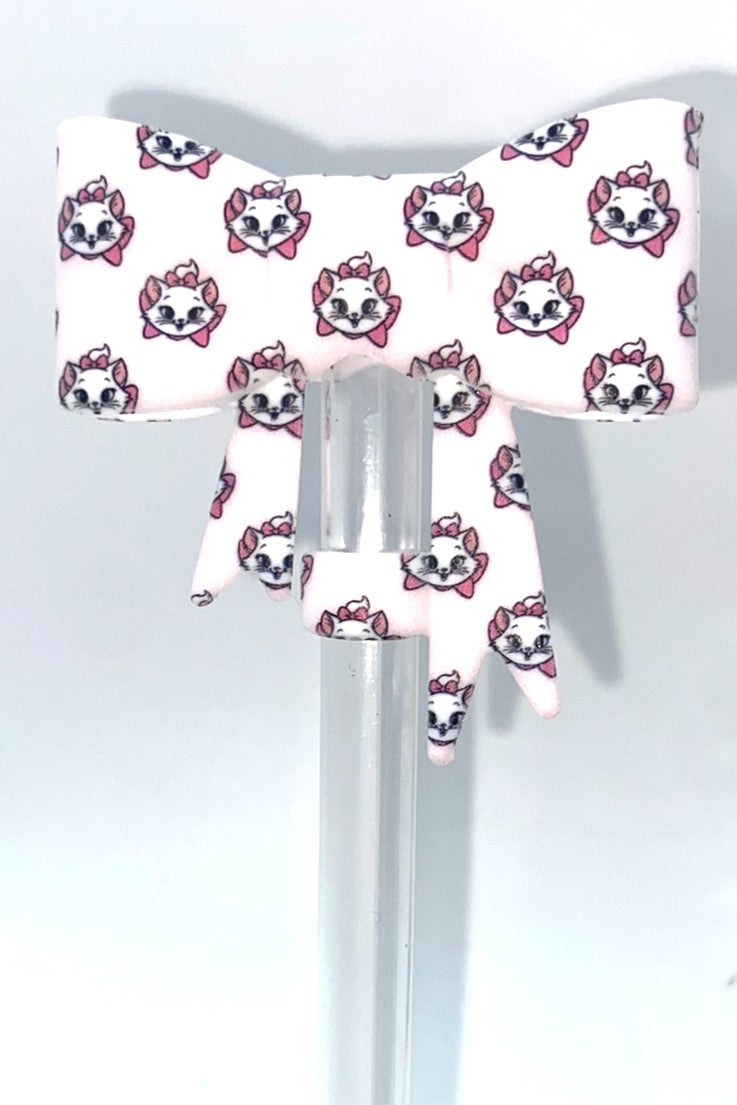 Fancy White Cartoon Kitty Cat Bow Straw Topper