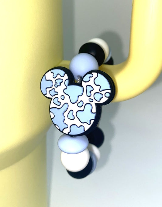 Magical Mouse Ears Light Blue & White Cow Print Stanley Tumbler Cup Handle Charm