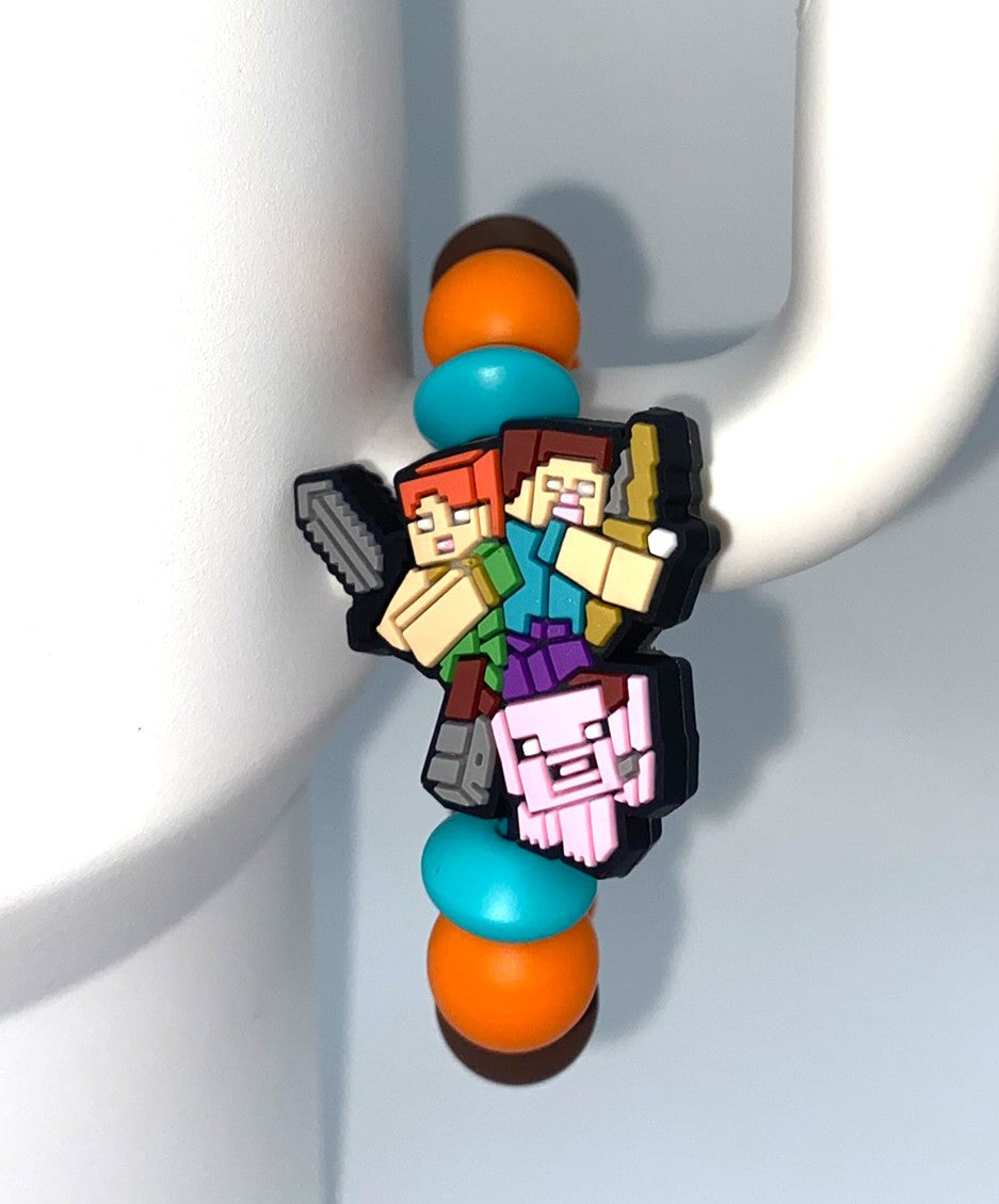 Block Guy, Girl & Pig Video Game Stanley Tumbler Cup Handle Charm