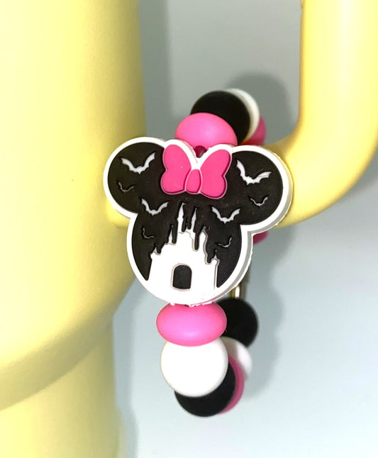 Magical Mouse Ears Girl Pink Bow w/Black Castle & Bats Stanley Tumbler Cup Handle Charm