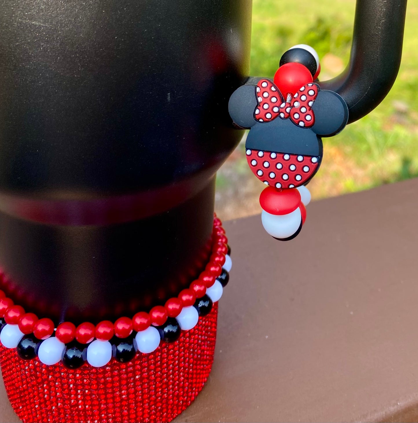 Magical Mouse Girl Ears w/Red Bow Double Polka Dots Stanley Tumbler Cup Handle Charm