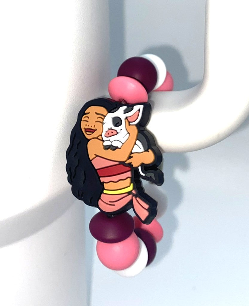 Polynesian Teenage Girl Explorer & Pig Cartoon Stanley Tumbler Cup Handle Charm