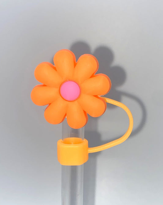 Neon Orange Daisy Flower w/Pink Center Straw Topper