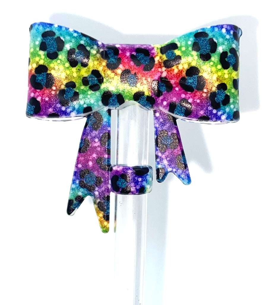 Colorful Neon LF Leopard Print Bow Straw Topper