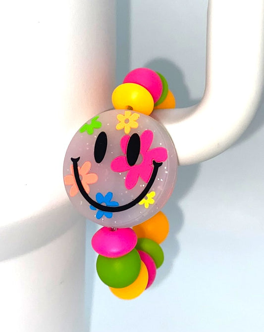 Neon Daisies Smiley Face Glitter Stanley Tumbler Cup Handle Charm