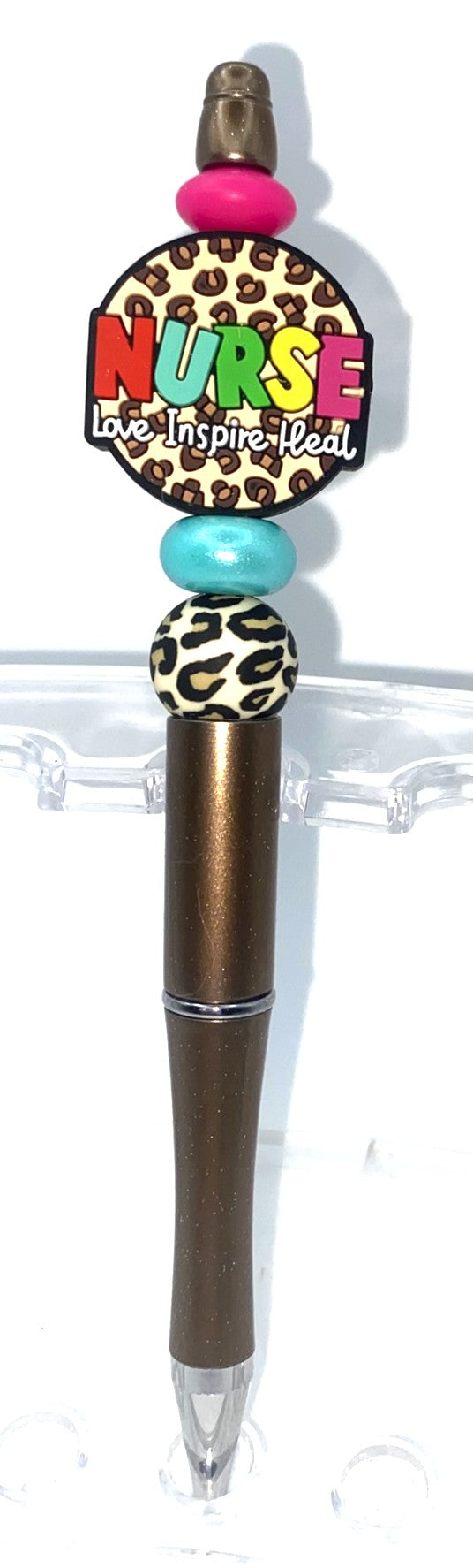 Nurse Love Inspire Heal Leopard Print Round Beaded Pen