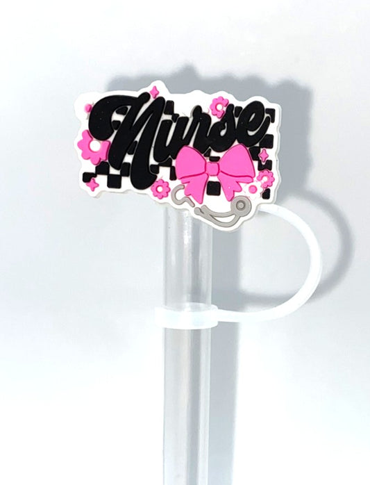 Nurse Pink Bow Checkered Straw Topper