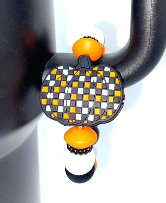 Orange, Black & White Checkered Pumpkin Stanley Tumbler Cup Handle Charm