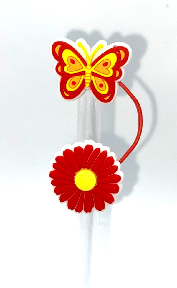 Orange, Yellow & Red Butterfly and Red Flower Straw Topper