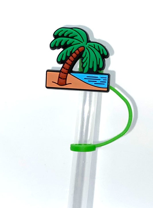 Palm Tree on Beach Straw Topper