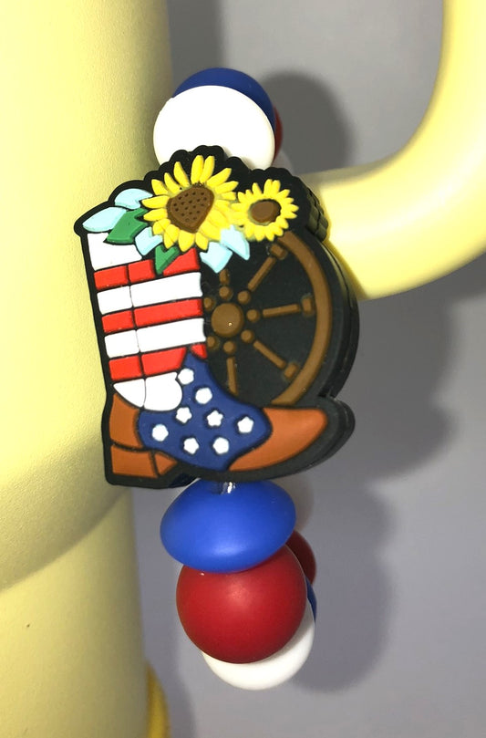 Patriotic Cowboy Boot w/Sunflowers and Wagon Wheel Stanley Tumbler Cup Handle Charm