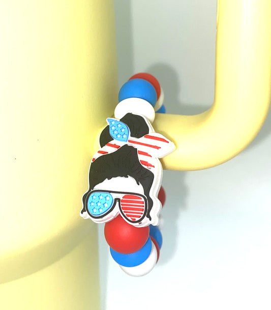 Patriotic Mom Bun & Sunglasses Stanley Tumbler Cup Handle Charm