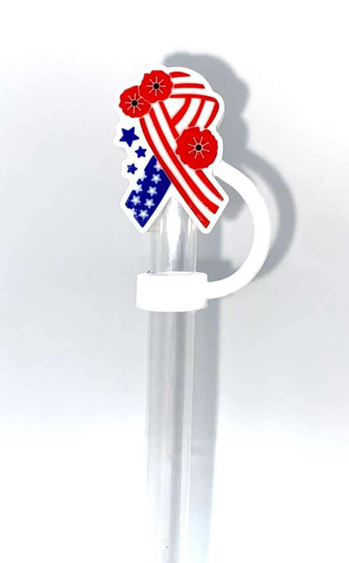 Patriotic Ribbon w/Poppies Straw Topper