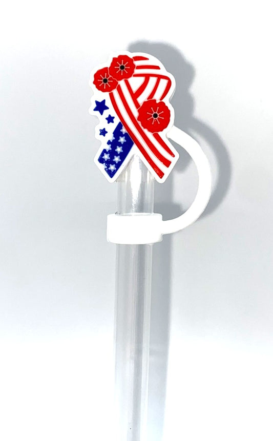 Patriotic Ribbon w/Poppies Straw Topper