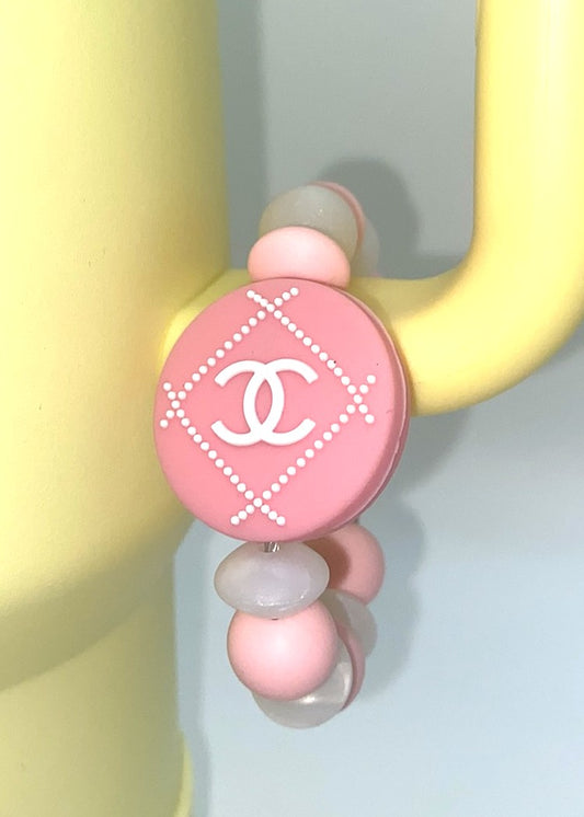 Designer Pink & White CC Stitch Round Stanley Tumbler Cup Handle Charm