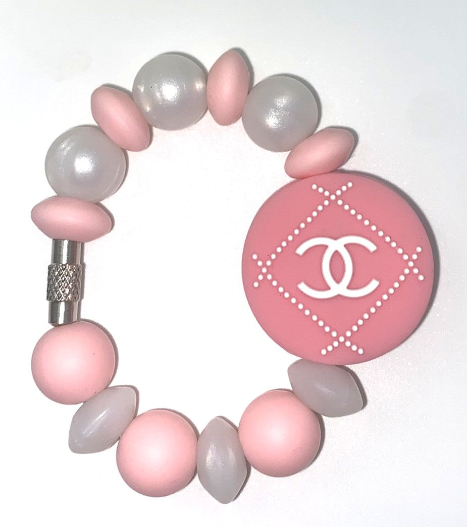 Designer Pink & White CC Stitch Round Stanley Tumbler Cup Handle Charm