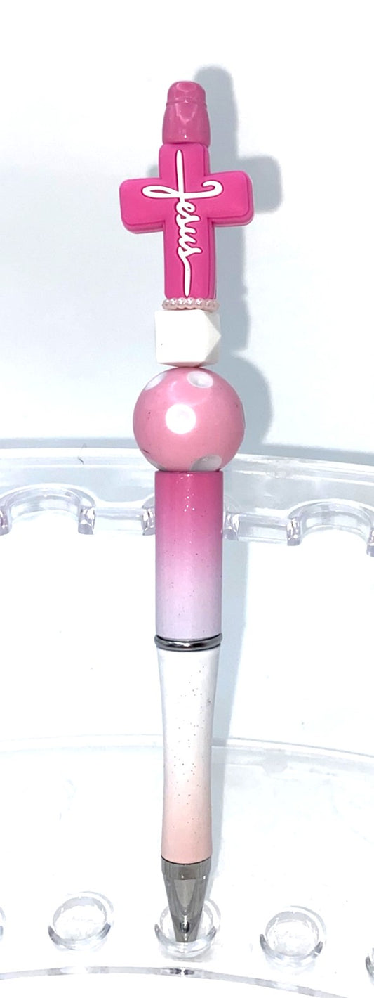 Pink Cross w/White Jesus Name Beaded Pen