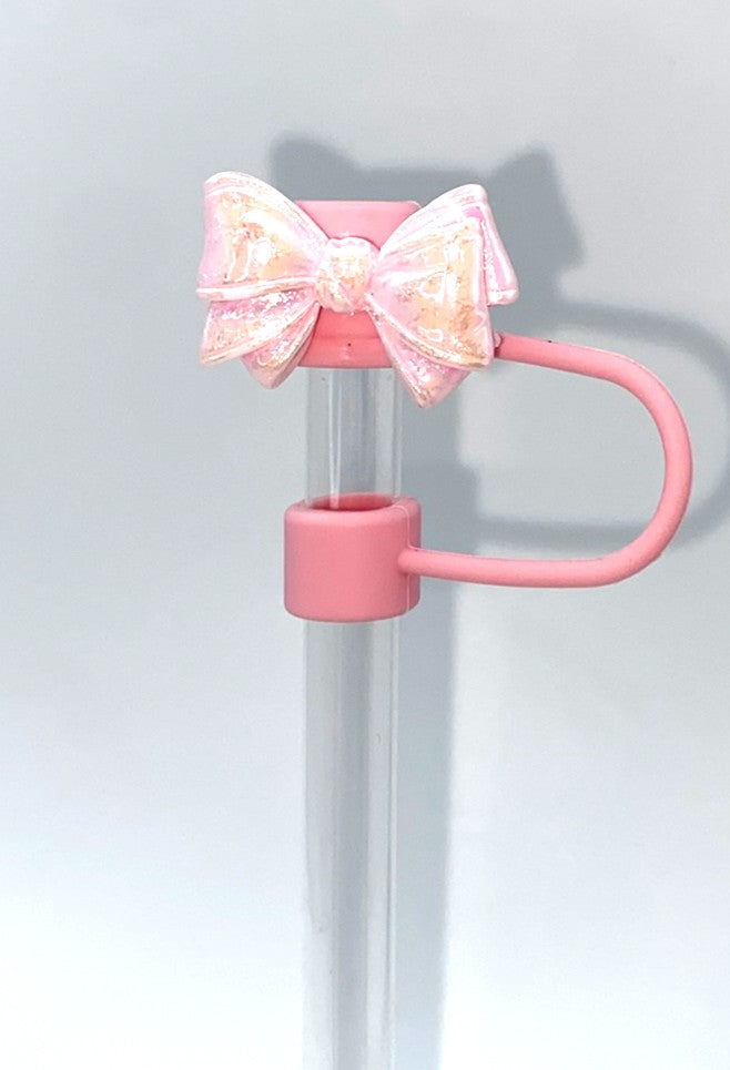 Pink Iridescent Bow Resin Straw Topper