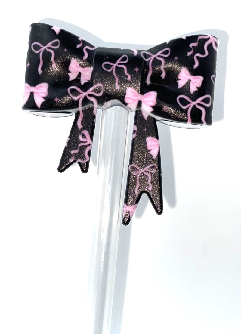 Pink Coquette Bows on Black Bow Straw Topper