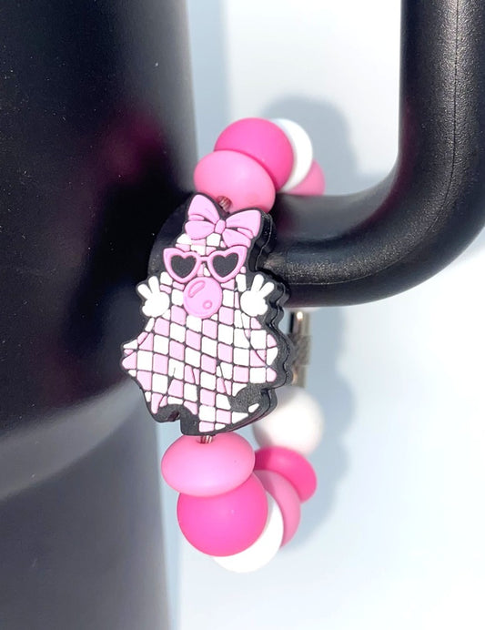Pink Bubblegum Blowing Ghost Checkered Halloween Stanley Tumbler Cup Handle Charm