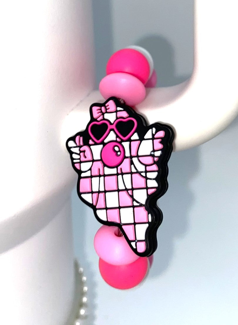 Pink Bubblegum Blowing Ghost Checkered Halloween Stanley Tumbler Cup Handle Charm