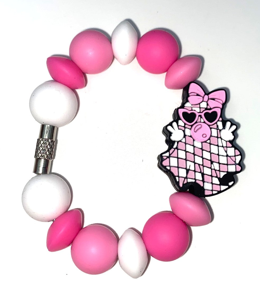 Pink Bubblegum Blowing Ghost Checkered Halloween Stanley Tumbler Cup Handle Charm