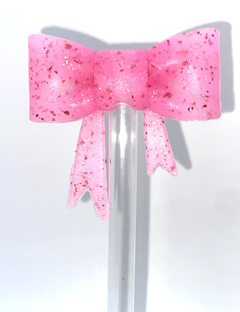 Pink Confetti Glitter Bow Straw Topper
