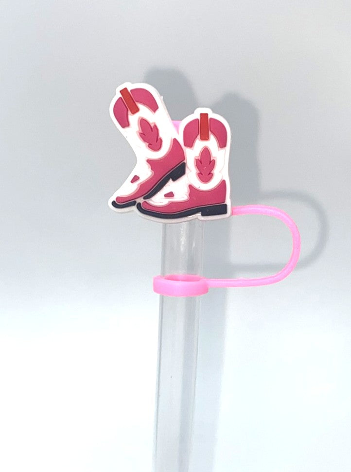 Pink Cowboy Boots w/Flames Straw Topper