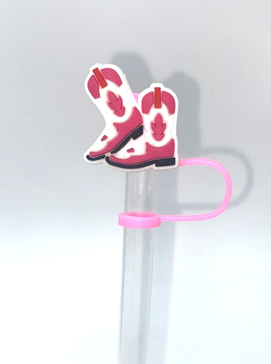 Pink Cowboy Boots w/Flames Straw Topper