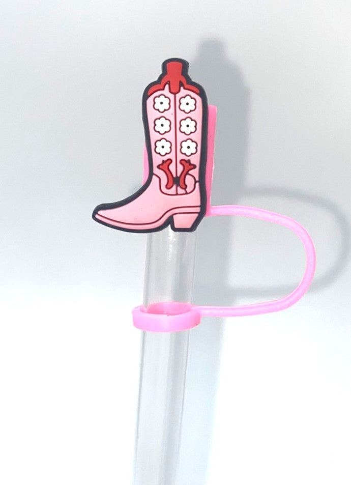 Pink Cowboy Boots w/Flowers Straw Topper